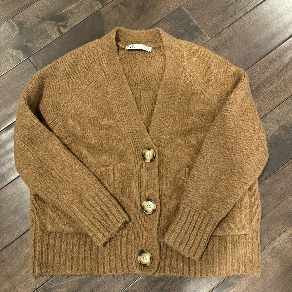 Zara Brown Button-Front Wool Blend Cardigan - Picture 1 of 4